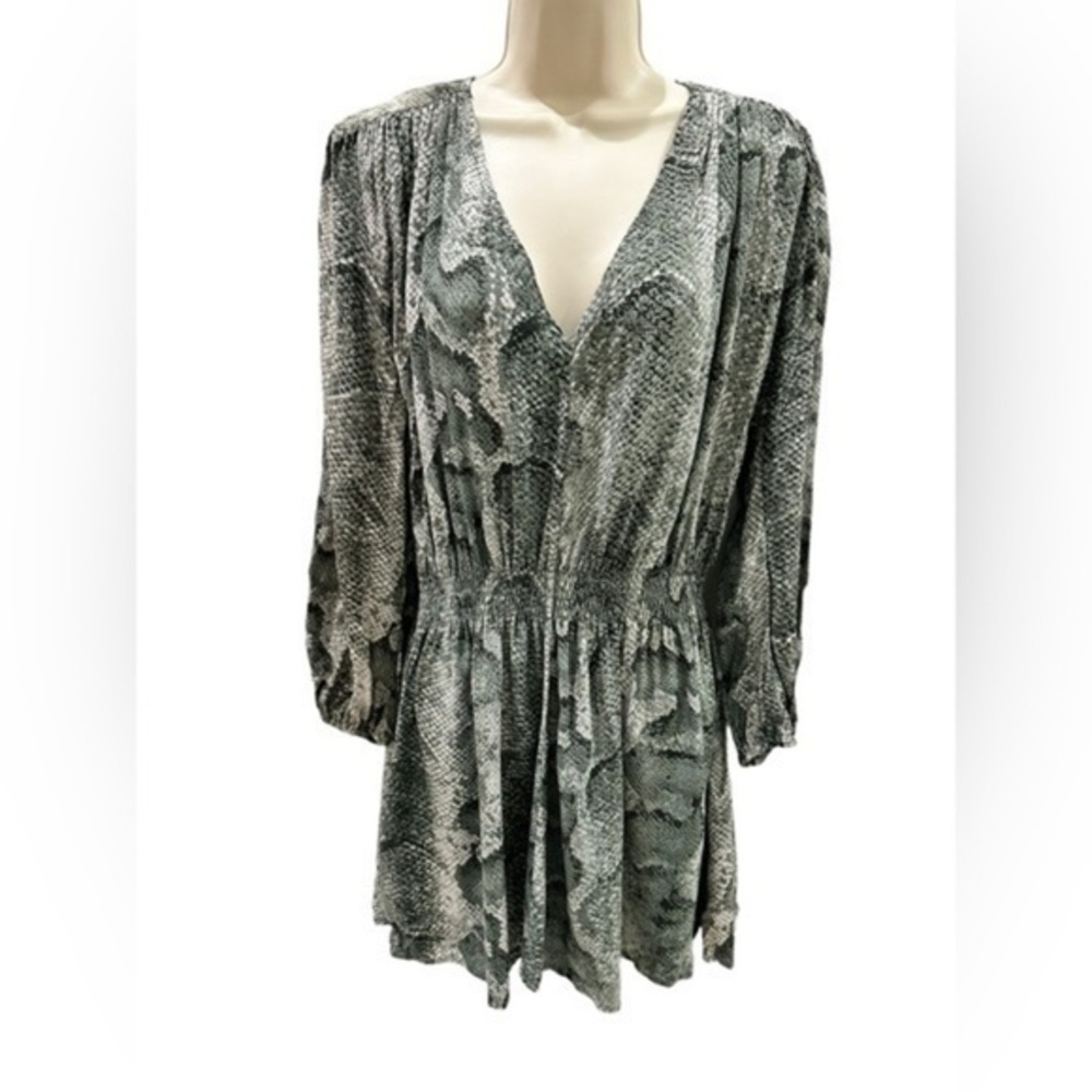 Indah Silk fit flared smocked snake print gypsy mini long sleeve mini Dress